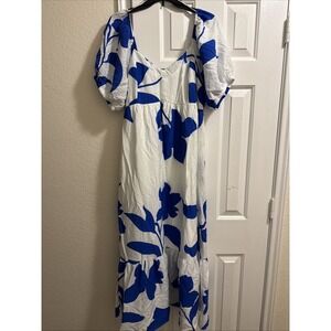 Nine West Long Dress White With Blue Flowers Size Xl